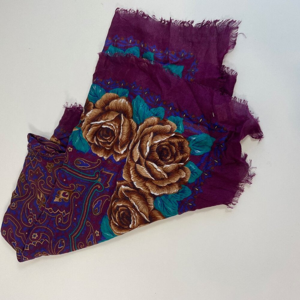 NWT Vintage Symphony Floral Fringe Square Scarf OS Womens‎ Purple Rayon 70s 80s